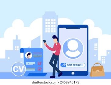 Flat vector illustration online job search job recruitment. Looking for skilled and experienced workers. Vacant company HR selection process.