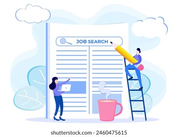 Flat vector illustration online job search job recruitment. Looking for skilled and experienced workers. Vacant company HR selection process.