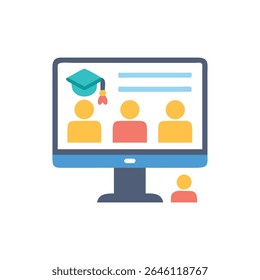 A flat vector illustration of online learning featuring stylized people and graduation cap on a computer screen with White Background.