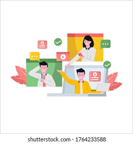 Flat vector illustration of online meet ups together using tablet smartphones and laptops for landing page, ui, mobile app and website