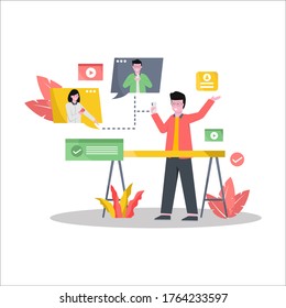 Flat vector illustration of online meet ups together using tablet smartphones and laptops for landing page, ui, mobile app and website