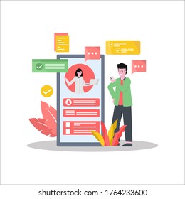 Flat vector illustration of online meet ups together using tablet smartphones and laptops for landing page, ui, mobile app and website