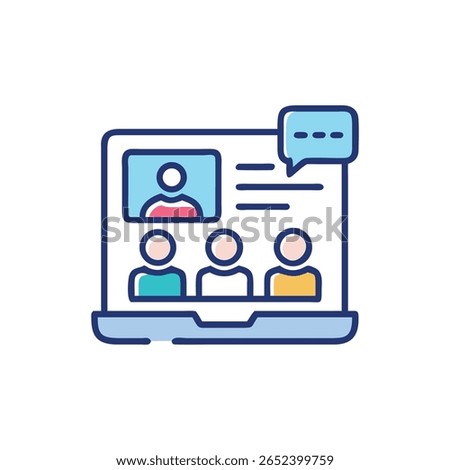 Flat vector illustration of an online meeting on a laptop screen with message box.
