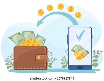 Ilustración vectorial plana. Pago en línea, devolución de efectivo, retirada de efectivo, billetera electrónica. El dinero del teléfono va en efectivo, el dinero en la cartera.