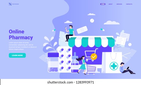 Flat vector illustration: online pharmacy, e-commerce concept. Website, landing page, banner template easy to edit and customize. Modern website background with small characters.