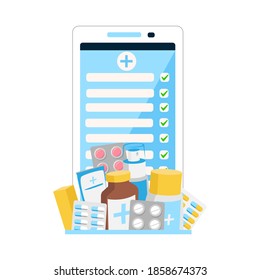 Flat vector illustration of online pharmacy isolated on white background. Health and medicine. Ordering medicines on a mobile phone via the Internet. Tablets, medicines, capsules, ointments.