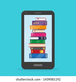 Flat vector illustration of online reading, learning or education concept. Stack of books into the mobile phone on blue background.