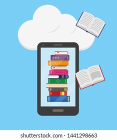 Flat vector illustration of online reading, learning or education concept. Stack of books into the mobile phone on blue background with big white cloud.