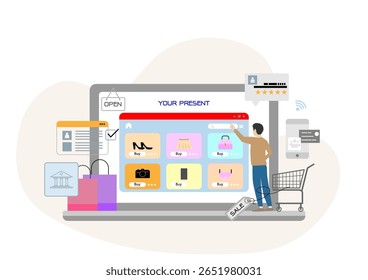 Flat vector illustration of online shopping concept. A man stands in front of a giant laptop screen displaying various fashion products like bags, shoes, and accessories. 