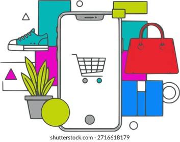 Ilustración vectorial plana de un concepto de compra en línea con un teléfono inteligente y un Carrito de compras. Diseño minimalista moderno adecuado para Sitios web de comercio electrónico, App móviles y marketing digital.