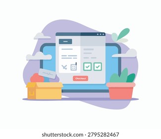 Flat vector illustration of an online shopping checkout form displayed on a laptop screen for modern digital retail business concepts
