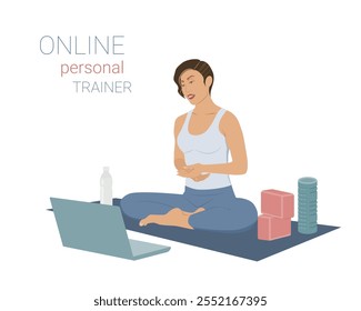 Flat vector illustration of an online workout with a personal trainer. Personal training online. Fit woman explaining workout plan on laptop online. Yoga at home, fitness online, healthy lifestyle