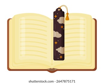 Flat vector illustration of an open book with blank pages and a magical bookmark with clouds and stars. Ideal for storytelling, reading, imagination, education, and cozy themes. Isolated on white back