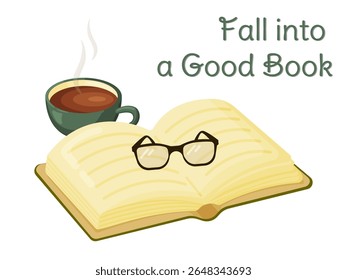 Flat vector illustration of an open book with reading glasses and a steaming cup. Ideal for autumn, reading, literacy, and cozy leisure themes. Isolated on white background.