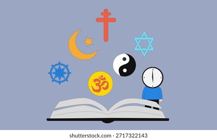 Ilustración vectorial plana de un libro abierto con símbolos religiosos que representan el conocimiento y la educación.