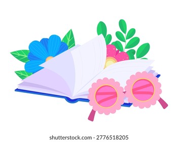 Flat vector illustration of open book with flowers and sunglasses. Bright spring reading concept in modern editorial style, decorative lifestyle element.