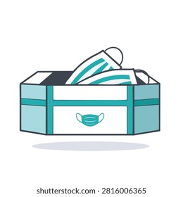 A flat vector illustration of an open box containing disposable medical face masks, symbolizing health protection and safety equipment supply.
