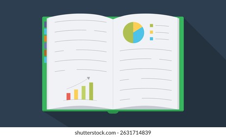 Flat Vector Illustration of Open Business Book with Charts and Analytics
