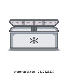 Ilustração vetorial plana de um congelador de tórax aberto com um símbolo de floco de neve, representando armazenamento frio ou refrigeração. Estilo limpo e mínimo perfeito para projetos de aparelhos, alimentos ou utilitários.