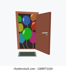 Flat vector illustration open door with balloon