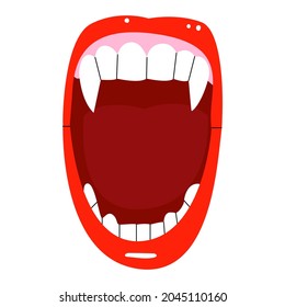  Ilustración vectorial plana de una boca abierta de vampiro hembra con labios rojos y colmillos largos.