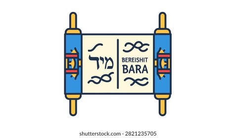 A flat vector illustration of an open Jewish Torah scroll featuring the text Bereishit Bara and Hebrew lettering with decorative elements