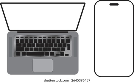 Flat vector illustration of open laptop and modern smartphone side by side on white background. Perfect for tech, workspace, or device UI concepts. Ideal for digital and mobile technology visuals.
