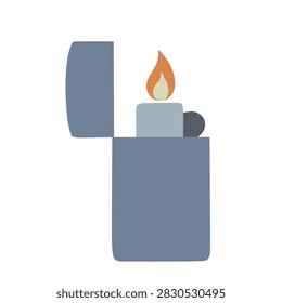 Flat vector illustration of an open lighter with a bright flame, isolated on white background, representing smoking accessories, fire, ignition, tobacco use, and combustion