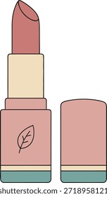 A flat vector illustration of an open lipstick tube with a leaf logo, representing natural, eco-friendly, and organic cosmetic products for beauty and wellness designs.

