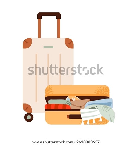 Flat vector illustration of an open suitcase with packed clothes and travel essentials. Modern flat vector of travel accessories, luggage, clothes, and gear.