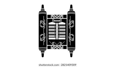A flat vector illustration of an open Torah scroll with decorative wooden handles and Hebrew text styling on a white background