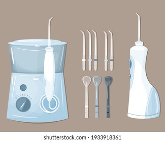 Flat vector illustration of oral hygiene products and tools for cleaning teeth. Portable and electric oral irrigators and various attachments for them.