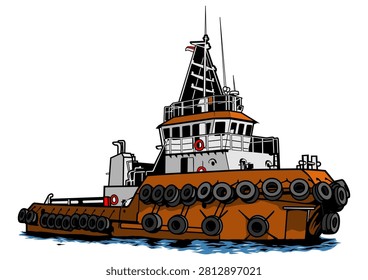Flat vector illustration of an orange and brown tugboat with rubber tire fenders along the hull, featuring detailed deck structures and antenna. Ideal for maritime and shipping content, harbor operations graphics, transportation designs, and nautical educational materials.