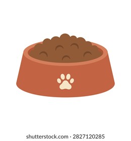 A flat vector illustration of an orange ceramic pet bowl filled with dry food kibble and decorated with a white paw print emblem, ideal for pet food packaging, animal nutrition guides, and pet shop logos