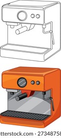 Eine flache Vektorgrafik einer orangefarbenen Espressomaschine neben einer schwarzen Umrissversion