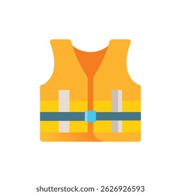 Flat vector illustration of an orange life vest with blue straps and white fasteners on a White Background.