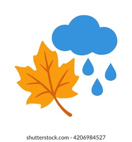Flat vector illustration of an orange maple leaf beside a blue rain cloud and raindrops, representing rainy autumn weather.