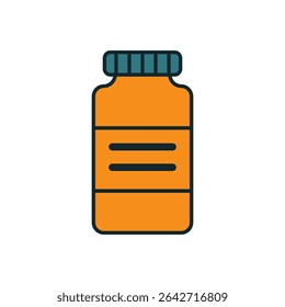 Ilustração de vetor plano da garrafa de medicina laranja com tampão azul e linhas do rótulo no fundo branco