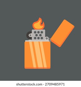 Ilustración vectorial plana de un mechero de metal naranja con una tapa abierta y una llama brillante. Perfecto para su uso en App, Sitios web, carteles e íconos