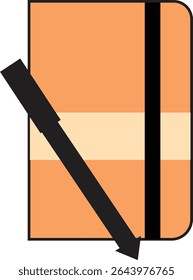 Flat Vector Illustration of Orange Notebook with Pen and Elastic Band for Writing, Journaling, Planning, and Productivity Tools