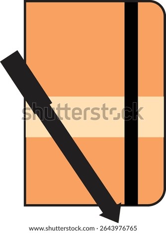 Flat Vector Illustration of Orange Notebook with Pen and Elastic Band for Writing, Journaling, Planning, and Productivity Tools