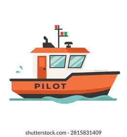 A flat vector illustration of an orange pilot boat navigating on water with a white cabin and nautical equipment on top.
