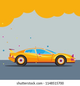 Flat vector illustration of orange sport car on blue background.