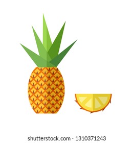 Flat vector illustration of orange tasty fresh pineapple with green leaves. Ananas colorful symbol with a juicy slice on white background. Suitable for logo, icon and design template