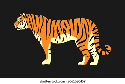 Flat vector illustration of an orange tiger with black stripes in profile on a dark gray background. Symbol of 2022