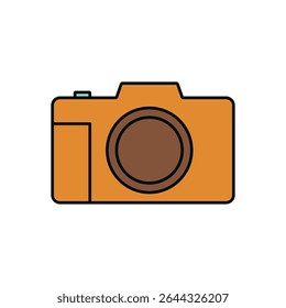 Flat Vector Illustration of an Orange Vintage Camera Icon with Dark Brown Circular Lens, Compact Rectangular Body, and Cyan Shutter Button – Outlined in Bold Black on a White Background