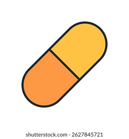 Flat vector illustration of orange and yellow medical capsule pill isolated on white background, pharmaceutical drug concept