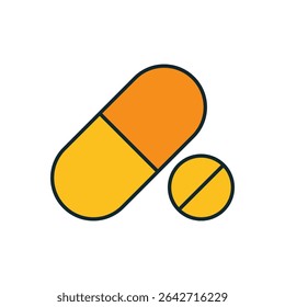 Flat Vector Illustration of Orange and Yellow Capsule Pill and Round Tablet on White Background