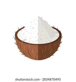 Flat vector illustration of organic coconut flour or desiccated flakes inside a brown half shell