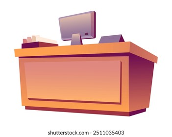 Ilustración vectorial plana de un espacio de trabajo de escritorio de oficina organizado con una pantalla de computadora Papeles y libros de diseño ideal para la optimización y decoración del espacio de oficina